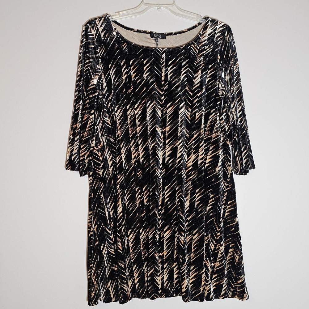 Lbisse Dress Womens 2X Black Beige Chevron Print Stretch Velvet‎ 3/4 Sleeve USA